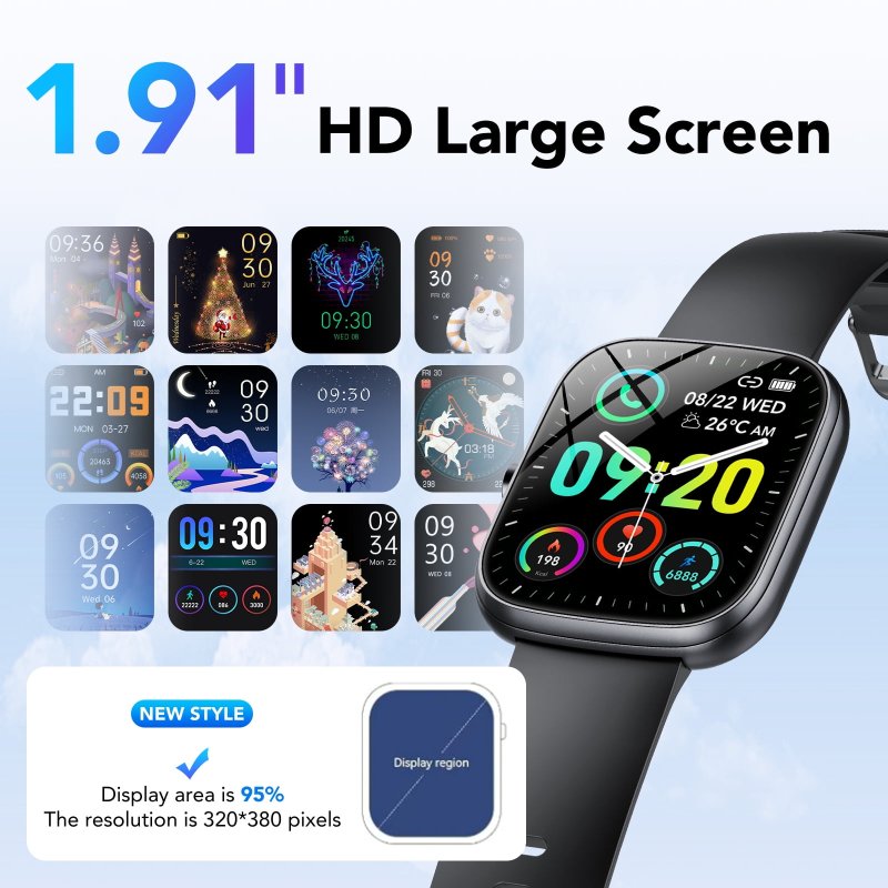 IP68 WATERPROOF SMART WATCH 100+ SPORTS MODES 1.91-INCH FITNESS TRACKER BLUETOOTH CALL FOR ANDROID IPHONE WOMEN MEN GIFT BLACK