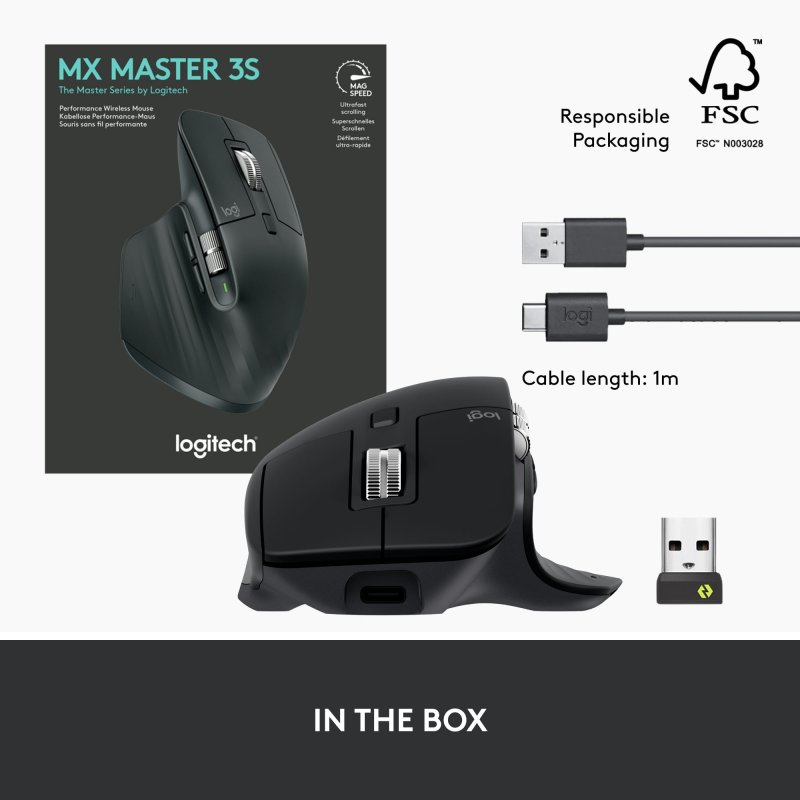 LOGITECH MX MASTER 3S WIRELESS PERFORMANCE MOUSE ERGO 8K DPI QUIET CLICKS USB-C BLACK