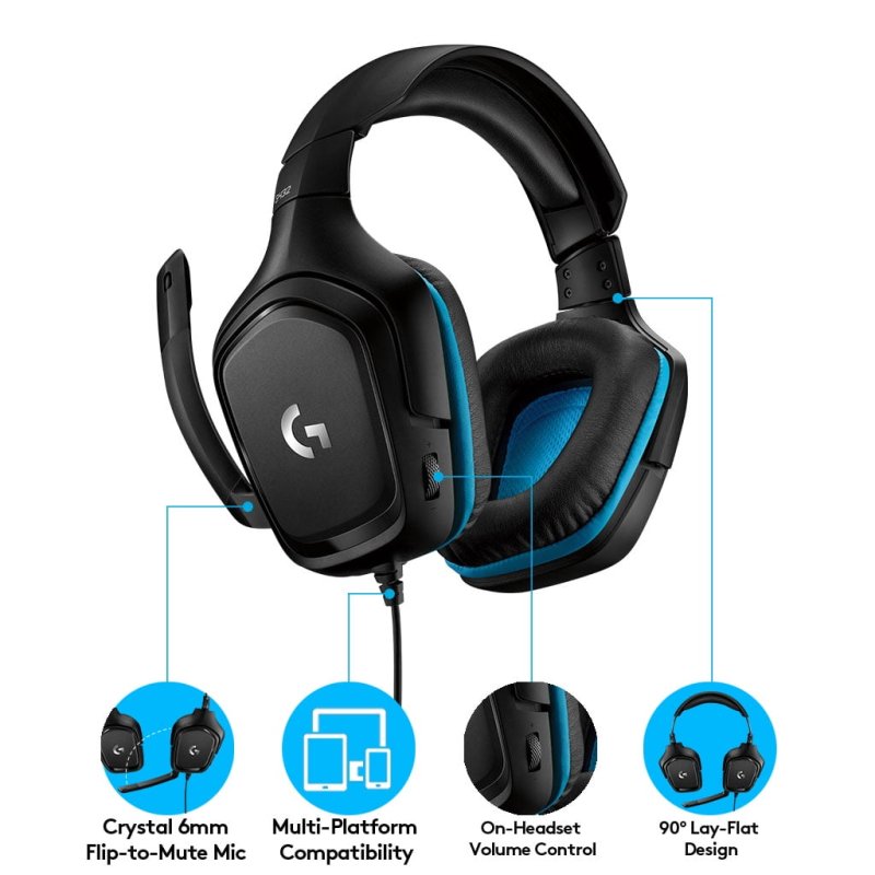 LOGITECH G432 WIRED GAMING HEADSET WITH 7.1 SURROUND SOUND DTS HEADPHONEX 2.0 50MM AUDIO DRIVERS USB 3.5MM JACK FLIP-TO-MUTE MIC PC BLACK