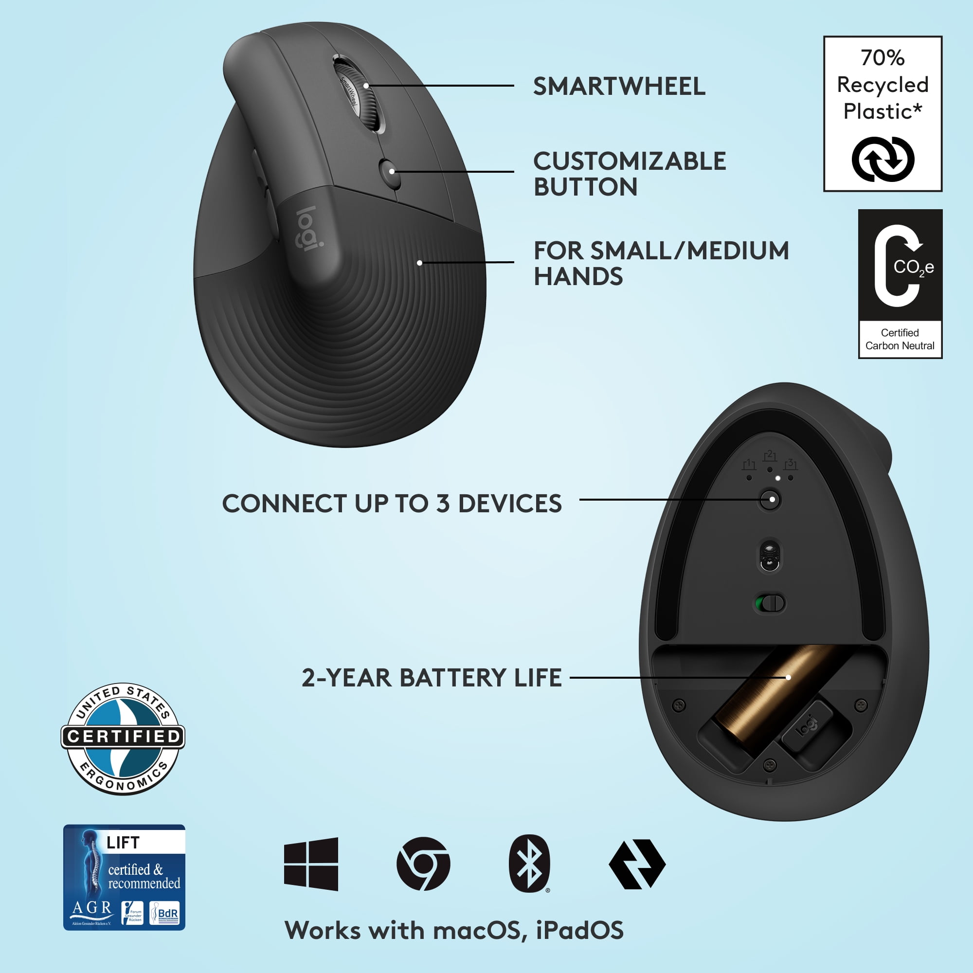 LOGITECH LIFT VERTICAL ERGONOMIC MOUSE WIRELESS BLUETOOTH LOGI BOLT USB RECEIVER GRAPHITE AMSEPTM