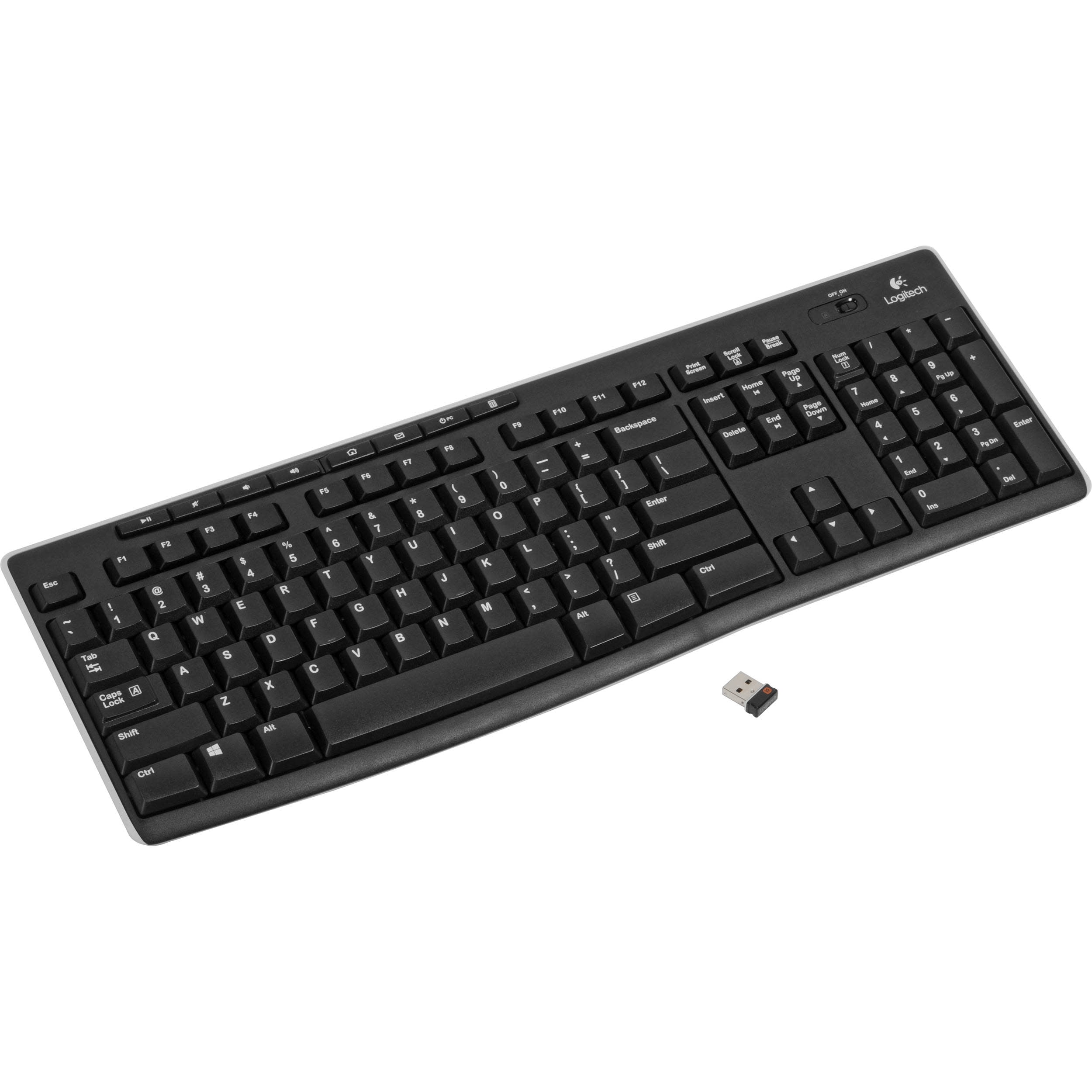 LOGITECH K270 WIRELESS KEYBOARD WINDOWS 2.4 GHZ FULL SIZE NUMBER PAD 8 MULTIMEDIA KEYS 2-YEAR BATTERY LIFE PC LAPTOP COMPATIBILITY