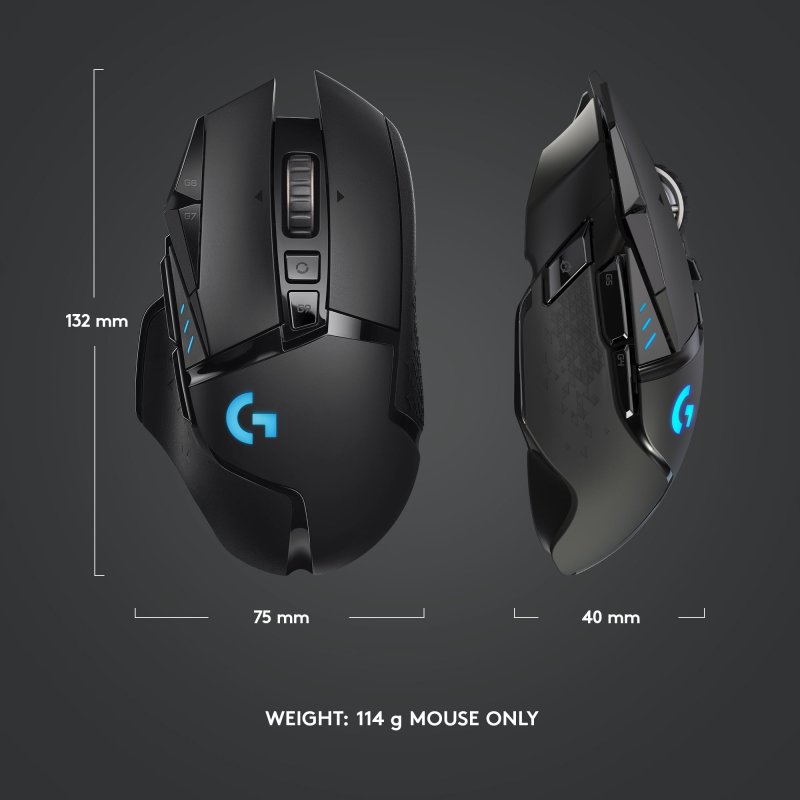 LOGITECH G502 LIGHTSPEED WIRELESS GAMING MOUSE HERO 25K SENSOR 25600 DPI RGB ADJUSTABLE WEIGHTS 11 PROGRAMMABLE BUTTONS LONG BATTERY LIFE ON-BOARD MEMORY COMPATIBLE WITH PC AND MAC