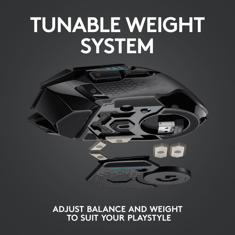 LOGITECH G502 LIGHTSPEED WIRELESS GAMING MOUSE HERO 25K SENSOR 25600 DPI RGB ADJUSTABLE WEIGHTS 11 PROGRAMMABLE BUTTONS LONG BATTERY LIFE ON-BOARD MEMORY COMPATIBLE WITH PC AND MAC