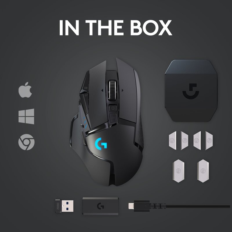 LOGITECH G502 LIGHTSPEED WIRELESS GAMING MOUSE HERO 25K SENSOR 25600 DPI RGB ADJUSTABLE WEIGHTS 11 PROGRAMMABLE BUTTONS LONG BATTERY LIFE ON-BOARD MEMORY COMPATIBLE WITH PC AND MAC