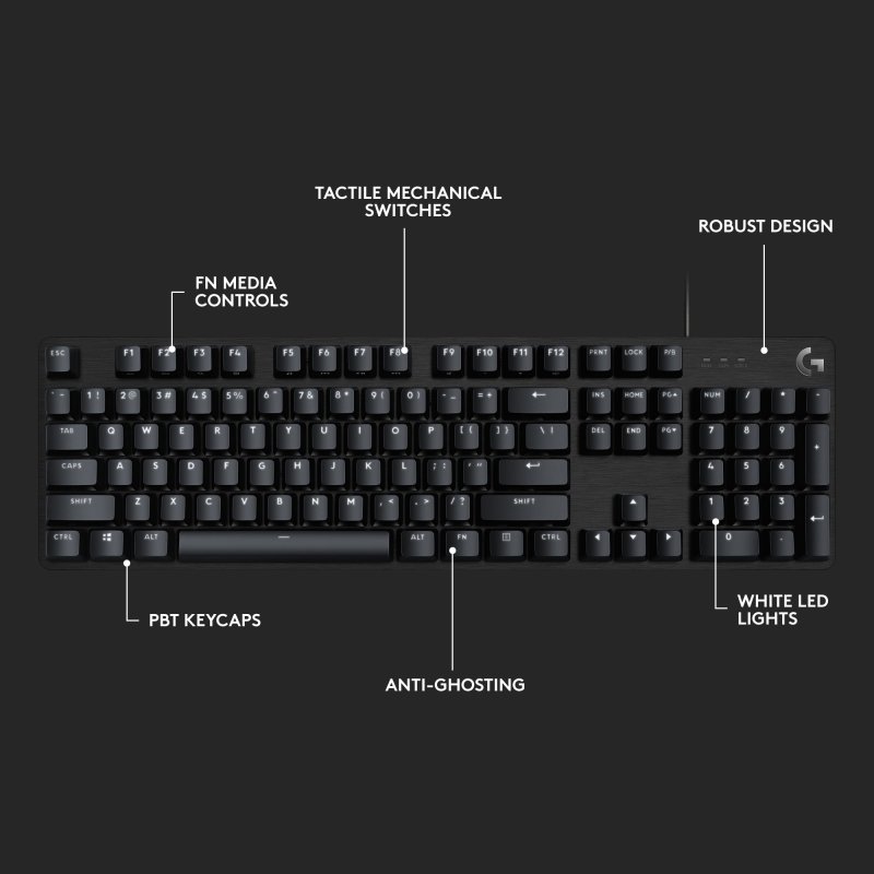 LOGITECH G413 SE GAMING KEYBOARD WITH PBT KEYCAPS AND MECHANICAL SWITCHES - WHITE BACKLIT LED - 6-KEY ROLLOVER ANTI-GHOSTING