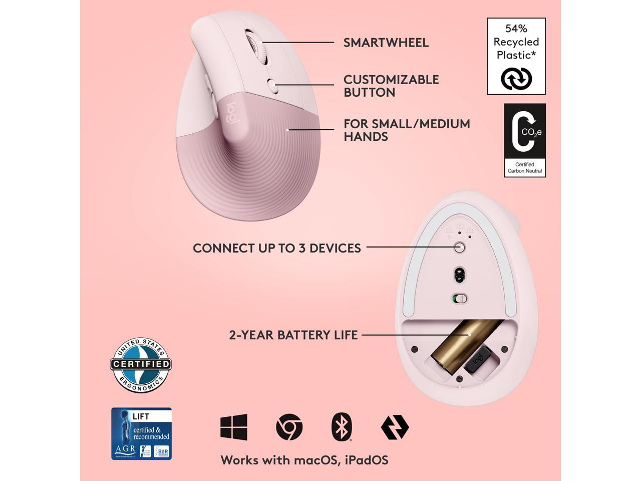 LOGITECH LIFT VERTICAL ERGONOMIC WIRELESS MOUSE LOGI BOLT USB RECEIVER QUIET CLICKS 4 BUTTONS WINDOWS MACOS IPADOS LAPTOP PC ROSE