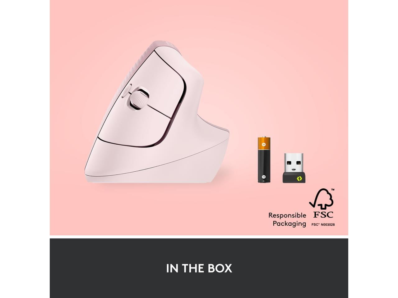 LOGITECH LIFT VERTICAL ERGONOMIC WIRELESS MOUSE LOGI BOLT USB RECEIVER QUIET CLICKS 4 BUTTONS WINDOWS MACOS IPADOS LAPTOP PC ROSE