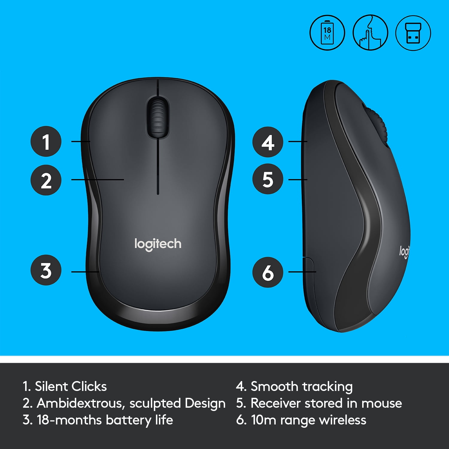 LOGITECH SILENT WIRELESS MOUSE 2.4 GHZ USB RECEIVER 1000 DPI OPTICAL TRACKING BLACK
