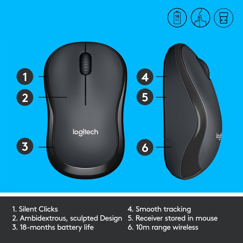 LOGITECH SILENT WIRELESS MOUSE 2.4 GHZ USB RECEIVER 1000 DPI OPTICAL TRACKING BLACK