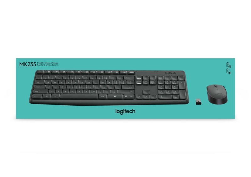 LOGITECH MK235 WIRELESS KEYBOARD MOUSE COMBO WINDOWS 2.4 GHZ USB RECEIVER 15 FN KEYS LONG BATTERY LIFE PC LAPTOP COMPATIBLE