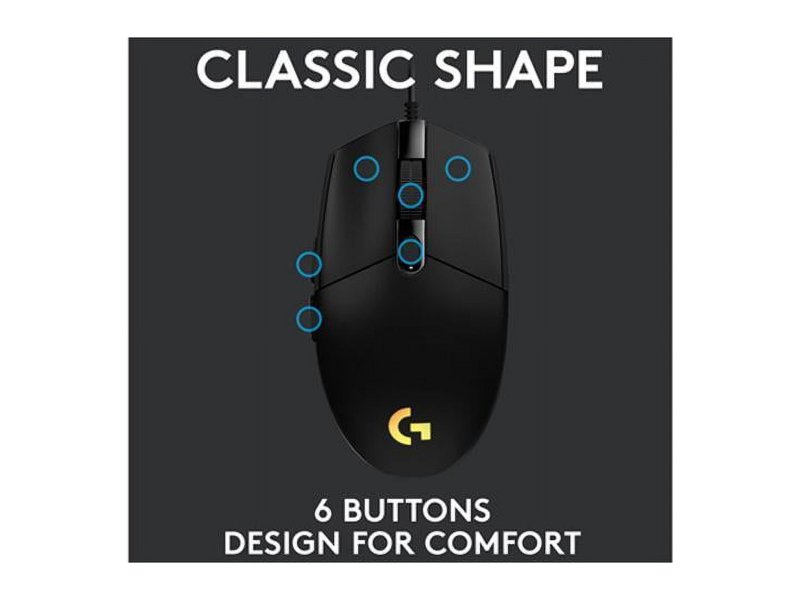 LOGITECH G203 WIRED GAMING MOUSE 8000 DPI RAINBOW OPTIC LIGHTSYNC RGB 6 PROGRAMMABLE BUTTONS MEMORY SCREEN MAPPING PC MAC LAPTOP COMPATIBLE BLACK
