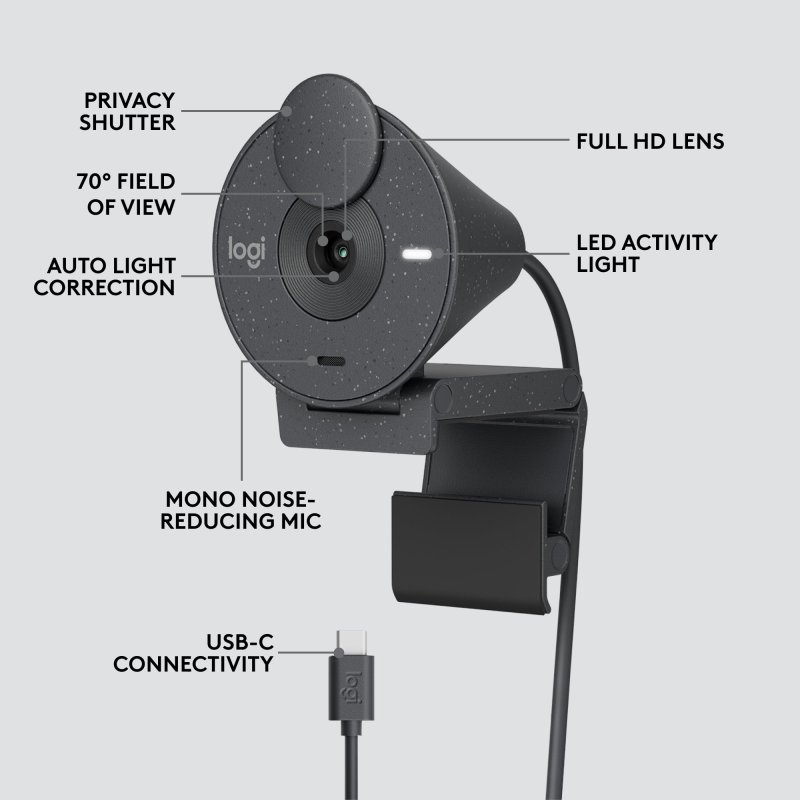 LOGITECH BRIO 1080P WEBCAM AUTO LIGHT CORRECTION PRIVACY SHUTTER USB-C GRAPHITE