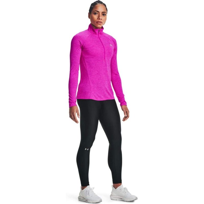 UNDER  ARMOUR WOMEN'S TECH HALF ZIP LONG SLEEVE SHIRT METEOR PINK 660 METALLIC SILVER SIZE S