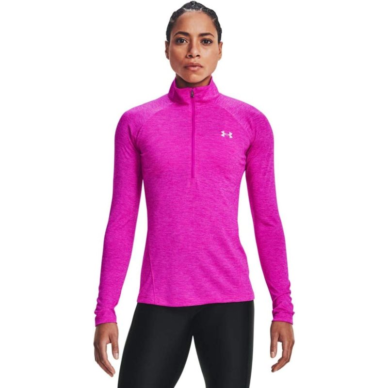UNDER  ARMOUR WOMEN'S TECH HALF ZIP LONG SLEEVE SHIRT METEOR PINK 660 METALLIC SILVER SIZE S