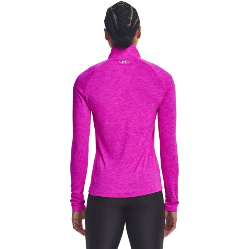 UNDER  ARMOUR WOMEN'S TECH HALF ZIP LONG SLEEVE SHIRT METEOR PINK 660 METALLIC SILVER SIZE S