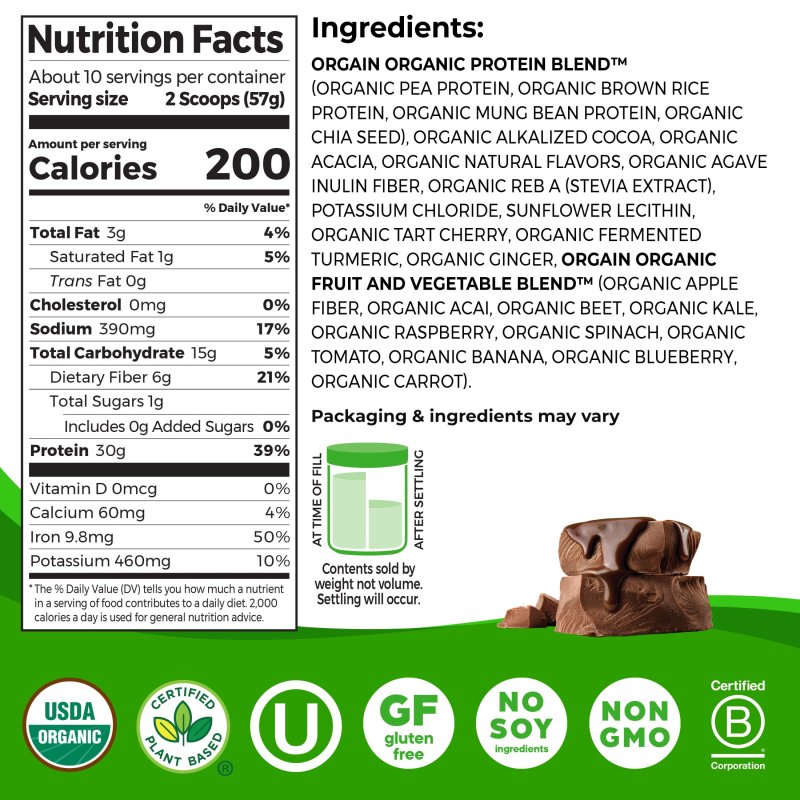ORGAIN ORGANIC VEGAN HIGH PROTEIN POWDER PLANT BASED SHAKE CHOCOLATE 1.26LB