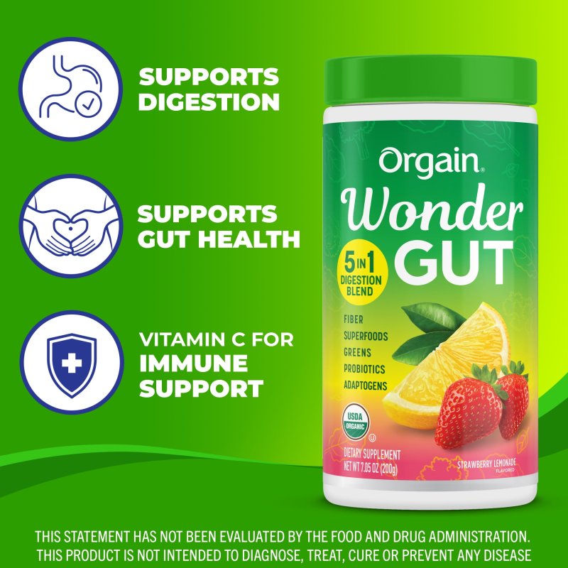 ORGAIN VEGAN ORGANIC WONDER GUT FIBER GREENS SUPERFOODS STRAWBERRY LEMONADE 0.44LB
