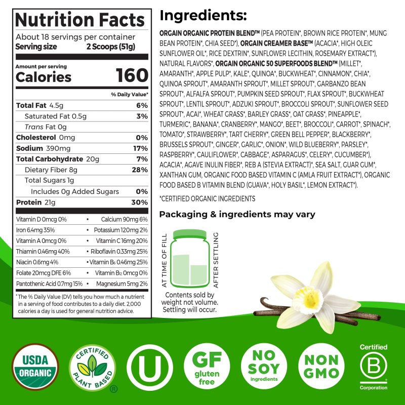 ORGAIN ORGANIC VEGAN 21G PROTEIN 50 SUPERFOODS POWDER PLANT BASED SHAKE VANILLA BEAN 2.02LB