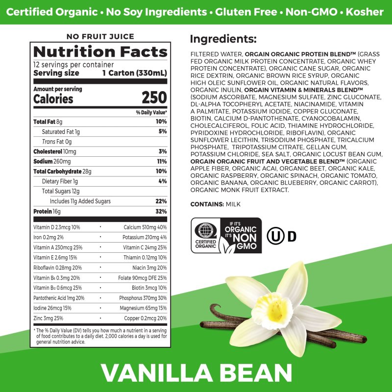 ORGAIN ORGANIC SWEET VANILLA BEAN NUTRITIONAL SHAKE 11 OZ CARTON 12 CT