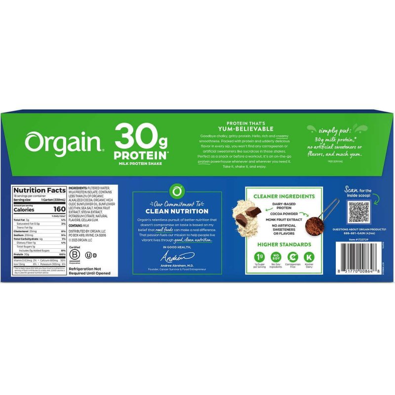 ORGAIN MILK CHOCOLATE FUDGE PROTEIN SHAKE 30G 11 FL OZ PACK