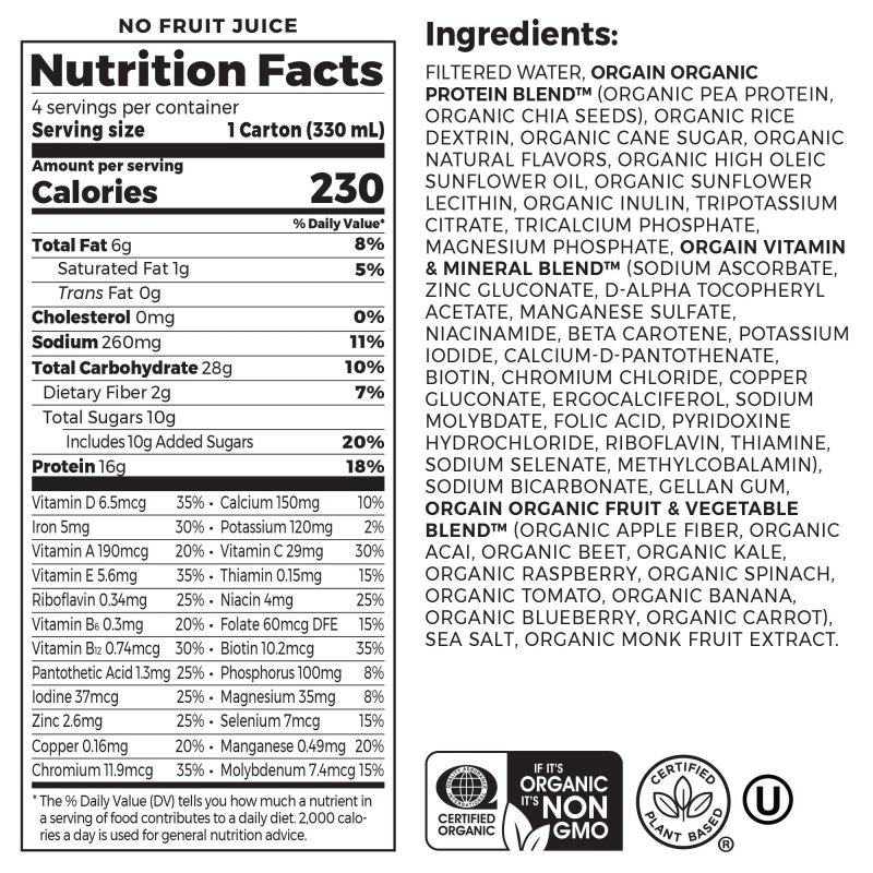 ORGAIN ORGANIC NUTRITION VEGAN PROTEIN SHAKE VANILLA BEAN 11OZ 4CT