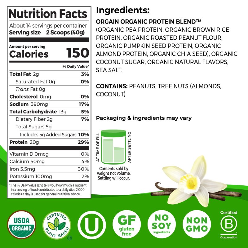 ORGAIN SIMPLE ORGANIC VEGAN 20G PROTEIN POWDER PLANT BASED NON-GMO VANILLA 1.25LB