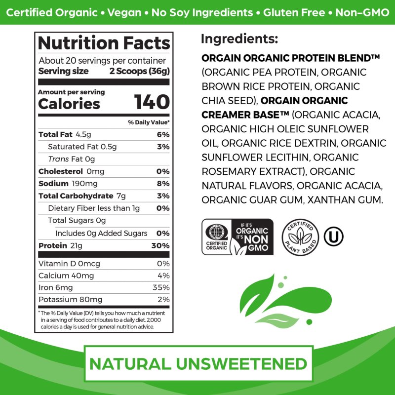 ORGAIN ORGANIC VEGAN 21G PROTEIN POWDER PLANT BASED NATURAL UNSWEETENED 1.59 LB