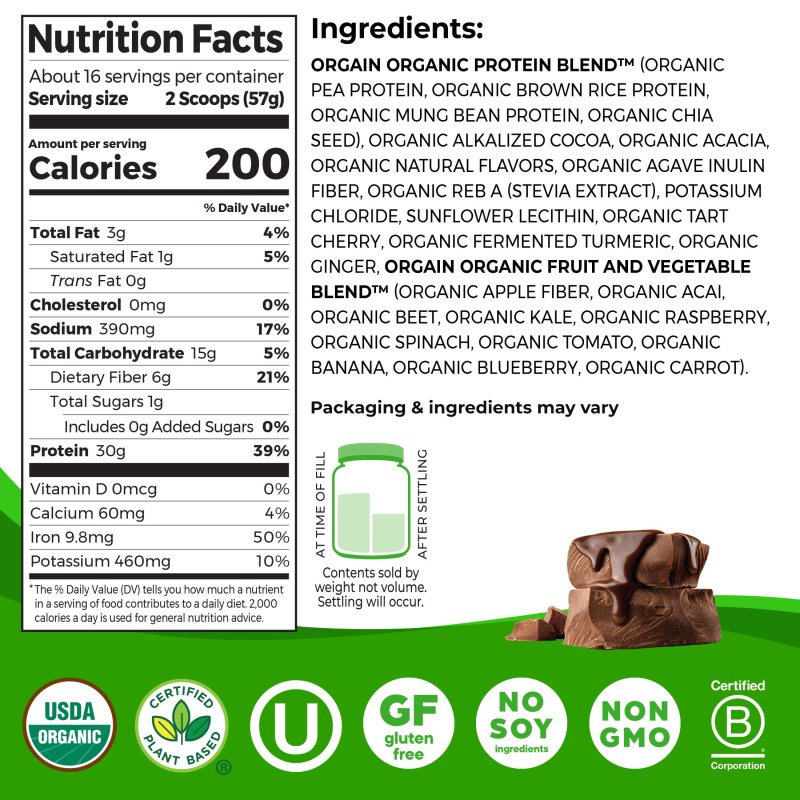 ORGAIN ORGANIC VEGAN 30G HIGH PROTEIN POWDER PLANT BASED SHAKE DRINK PREBIOTIC FIBER CHOCOLATE 2.01LB