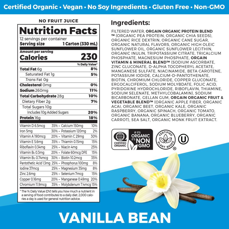 ORGAIN ORGANIC VEGAN PROTEIN SHAKE VANILLA BEAN 11OZ 12CT - PLANT BASED
