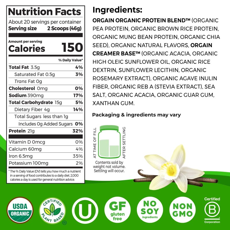 ORGAIN ORGANIC VEGAN PROTEIN POWDER VANILLA BEAN PLANT BASED SHAKE
