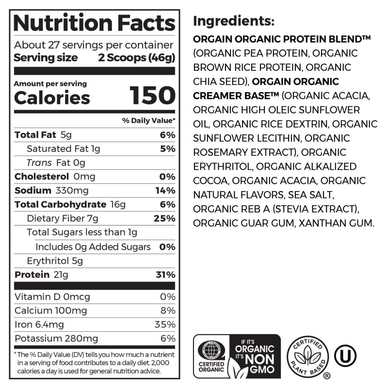 ORGAIN VEGAN 21G PROTEIN POWDER PLANT BASED CREAMY CHOCOLATE FUDGE 2.7LB