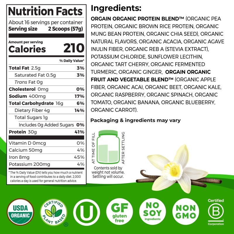 ORGAIN ORGANIC VEGAN 30G HIGH PROTEIN POWDER PLANT BASED SHAKE DRINK PREBIOTIC FIBER VANILLA 2.01LB