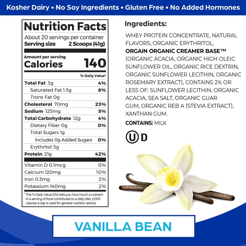 ORGAIN GRASS FED 21G WHEY PROTEIN POWDER PASTURE RAISED NON-GMO VANILLA 1.82LB