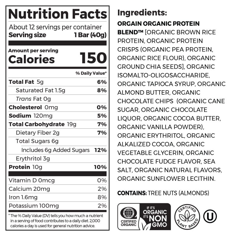ORGAIN CHOCOLATE BROWNIE PLANT BASED PROTEIN SNACK BARS 16.9OZ 12CT