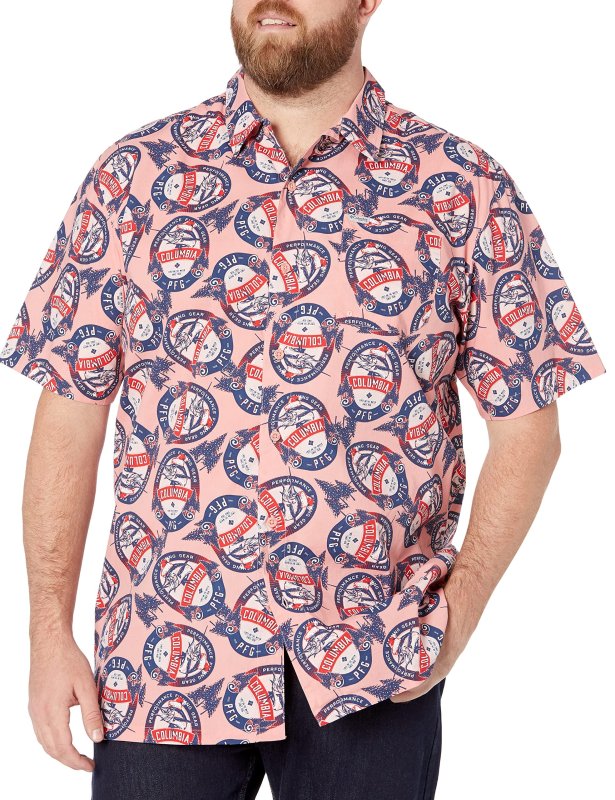 COLUMBIA MEN'S TROLLERS BEST SHORT SLEEVE SHIRT SORBET HOLIDAY SPIRITS PRINT MEDIUM SIZE