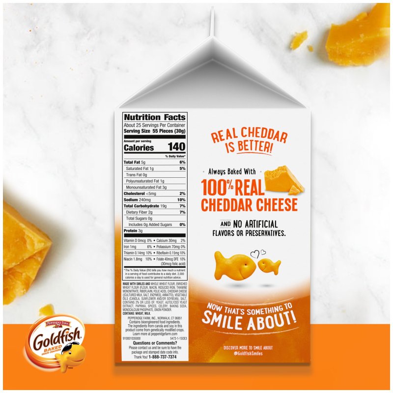 GOLDFISH CHEDDAR CHEESE CRACKERS BAKED WITH WHOLE GRAIN 27.3 OZ CARTON