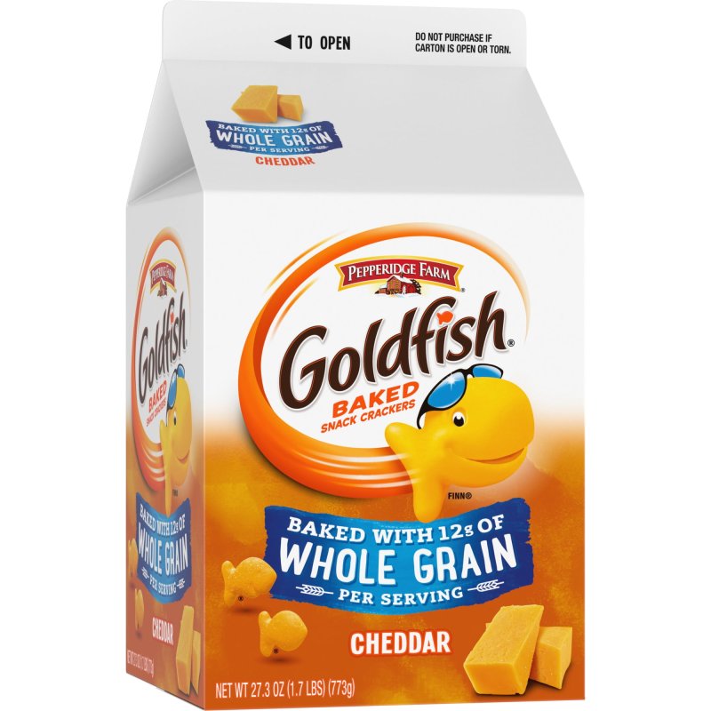 GOLDFISH CHEDDAR CHEESE CRACKERS BAKED WITH WHOLE GRAIN 27.3 OZ CARTON