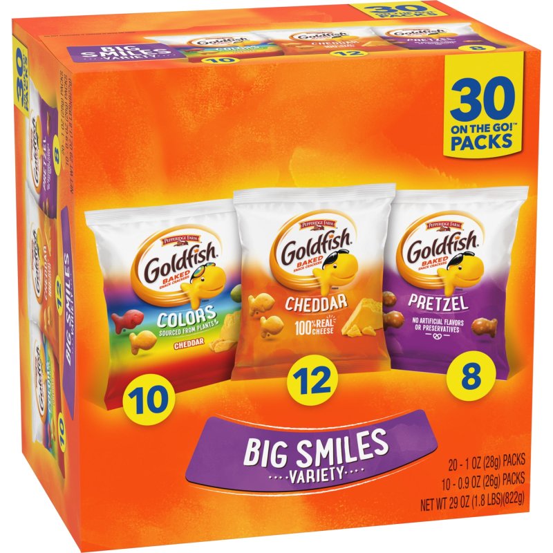 GOLDFISH CRACKERS BIG SMILES CHEDDAR COLORS PRETZEL SNACK PACK 30 CT VARIETY PACK BOX