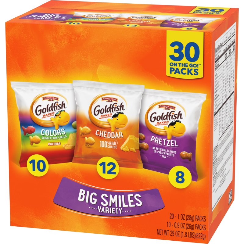 GOLDFISH CRACKERS BIG SMILES CHEDDAR COLORS PRETZEL SNACK PACK 30 CT VARIETY PACK BOX