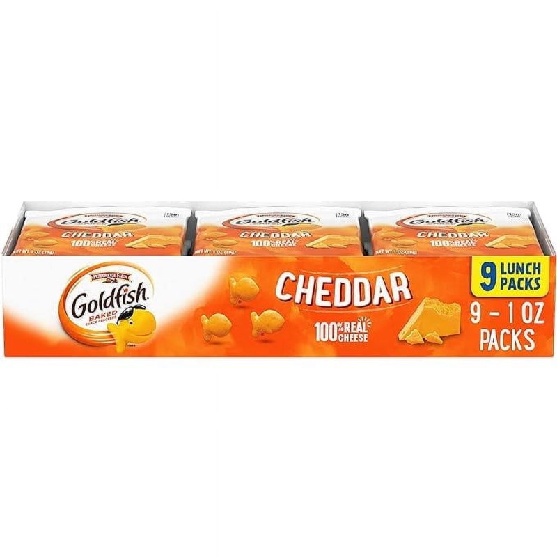 GOLDFISH CHEDDAR CHEESE BAKED SNACK CRACKERS 1 OZ ON-THE-GO SNACK PACKS 9 COUNT TRAY