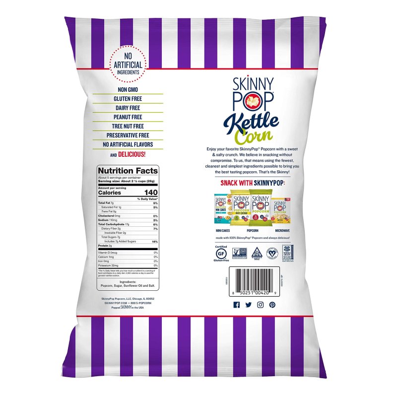 SKINNYPOP SWEET SALTY KETTLE POPCORN GLUTEN FREE VEGAN NON-GMO HEALTHY SNACKS SKINNY POP 5.3OZ BAG