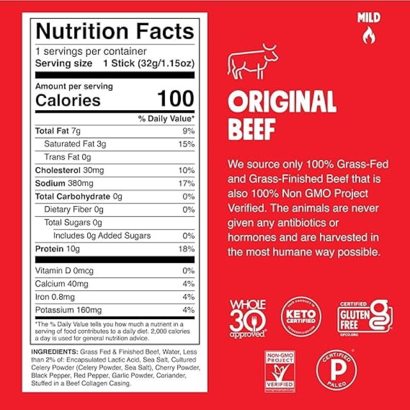 CHOMPS ORIGINAL BEEF JERKY SNACK STICKS 10-PACK - KETO PALEO WHOLE30 GLUTEN