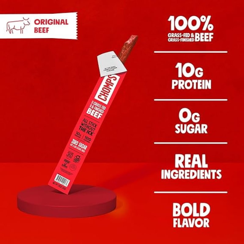 CHOMPS ORIGINAL BEEF JERKY SNACK STICKS 10-PACK - KETO PALEO WHOLE30 GLUTEN