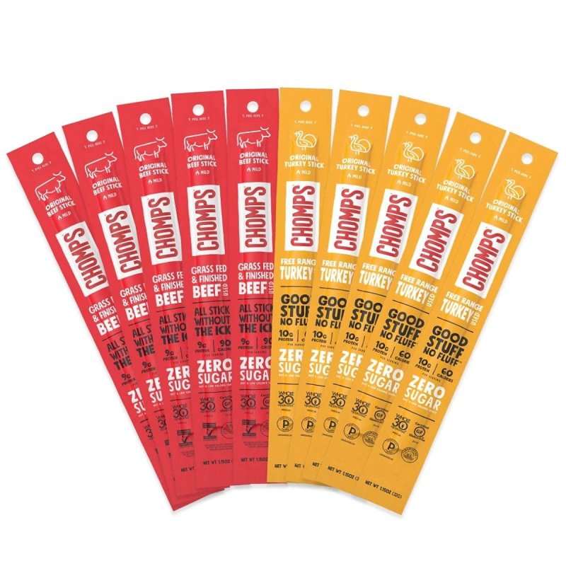 CHOMPS GRASS FED BEEF TURKEY JERKY STICKS ORIGINALS VARIETY PACK 10 STICKS