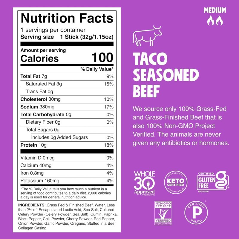 CHOMPS GRASS-FED TACO SEASONED BEEF STICKS 10 STICKS PACK OF 4