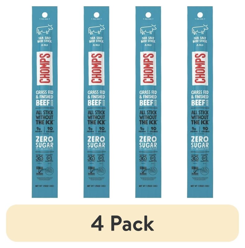 CHOMPS GRASS FED AND FINISHED SEA SALT BEEF JERKY MEAT SNACK STICKS 1.15OZ (PACK OF 4)