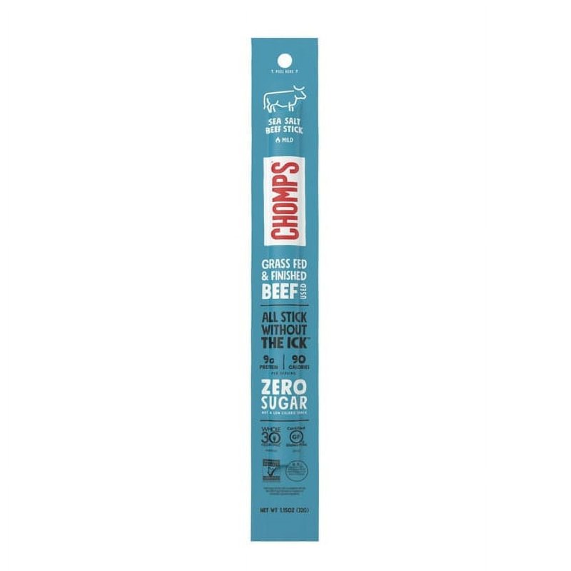 CHOMPS GRASS FED AND FINISHED SEA SALT BEEF JERKY MEAT SNACK STICKS 1.15OZ (PACK OF 4)