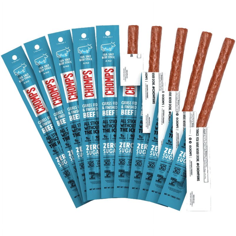 CHOMPS GRASS FED AND FINISHED SEA SALT BEEF JERKY MEAT SNACK STICKS 1.15OZ (PACK OF 4)