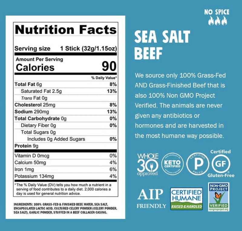 CHOMPS GRASS FED AND FINISHED SEA SALT BEEF JERKY MEAT SNACK STICKS 1.15OZ (PACK OF 4)
