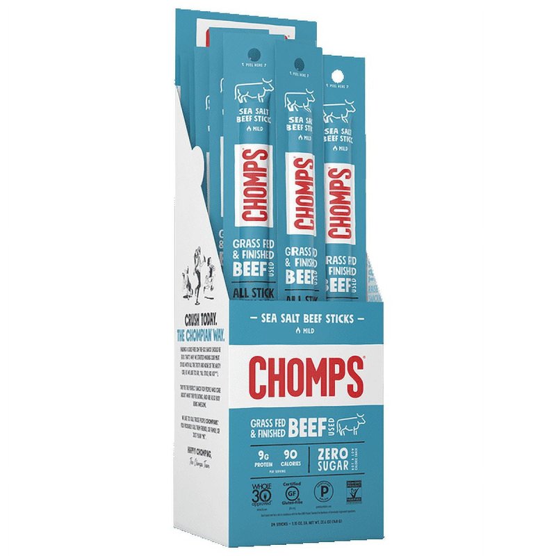 CHOMPS GRASS FED AND FINISHED SEA SALT BEEF JERKY MEAT SNACK STICKS 1.15OZ (PACK OF 4)